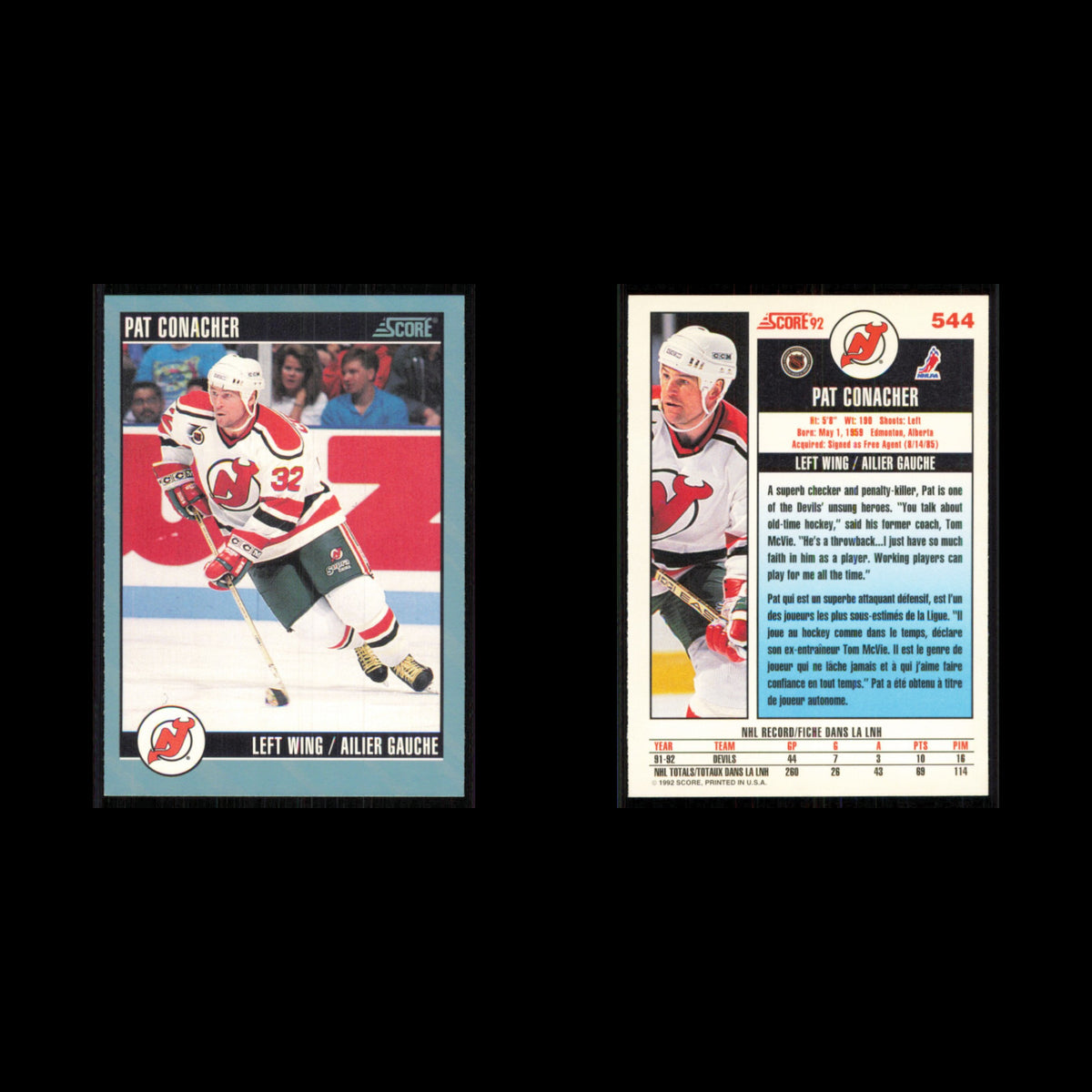 Pat Conacher #544 1992 Score Canadian New Jersey Devils Hockey Card NHL NM