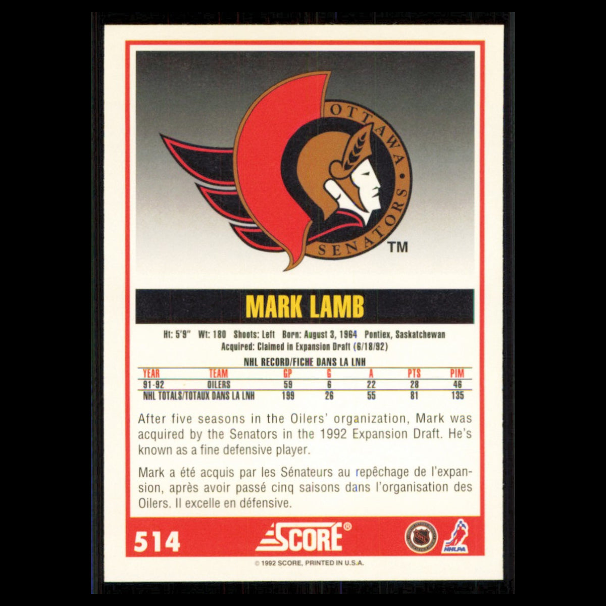 Mark Lamb #514 1992 Score Canadian Ottawa Senators Hockey Card NHL NM