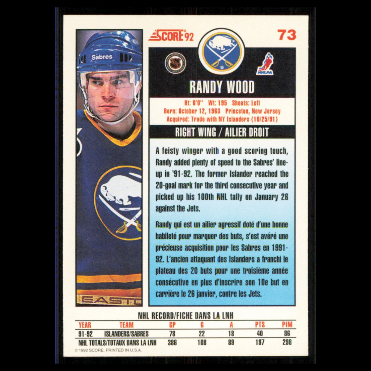 Randy Wood #73 1992 Score Canadian Buffalo Sabres Hockey Card NHL NM