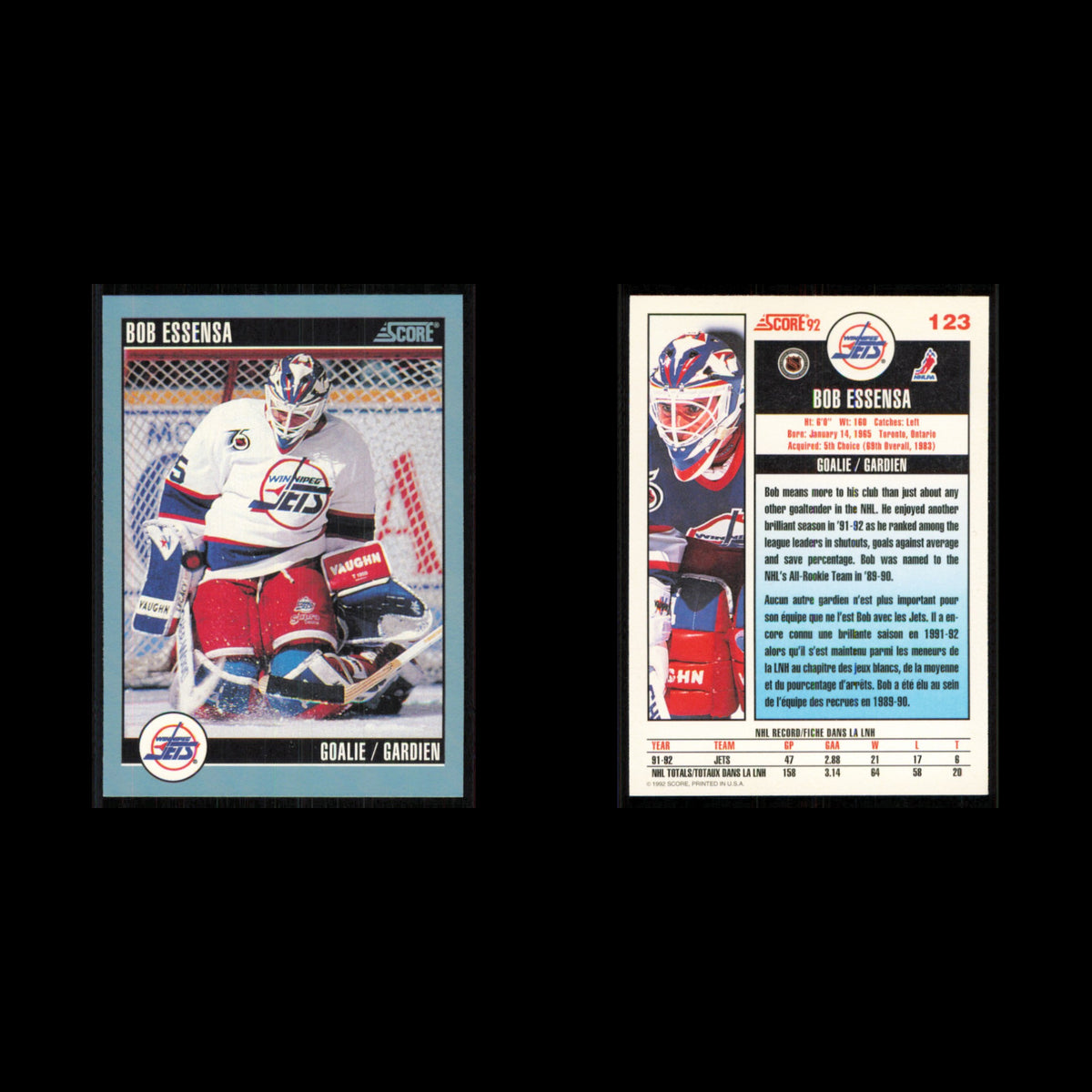 Bob Essensa #123 1992 Score Canadian Winnipeg Jets Hockey Card NHL NM