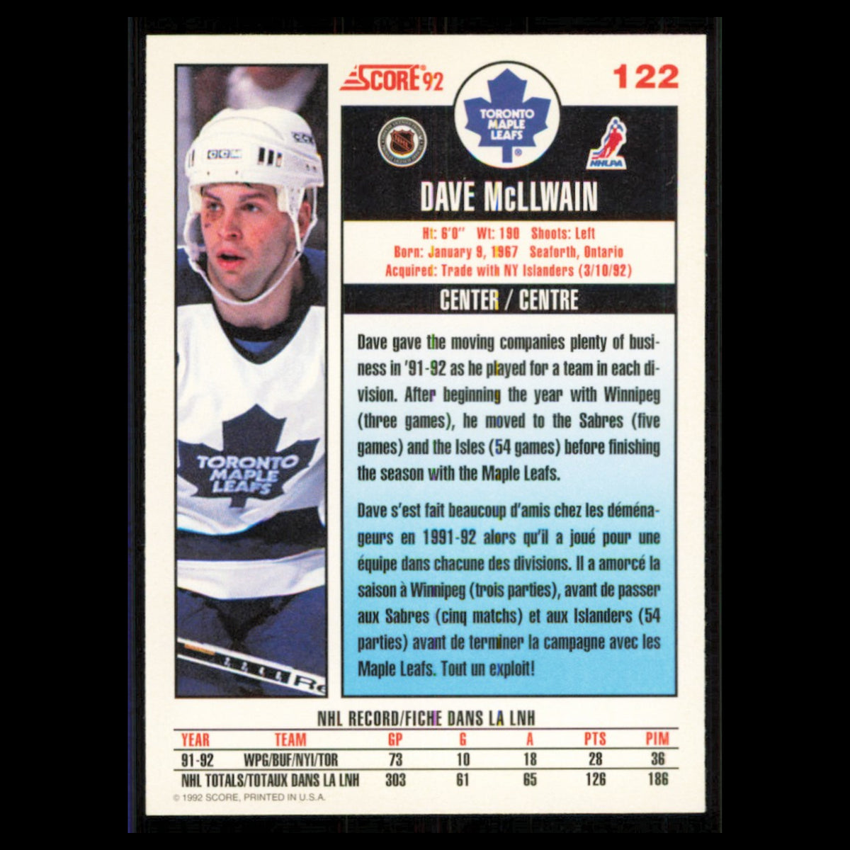 Dave McLlwain #122 1992 Score Canadian Toronto Maple Leafs Hockey Card NHL NM