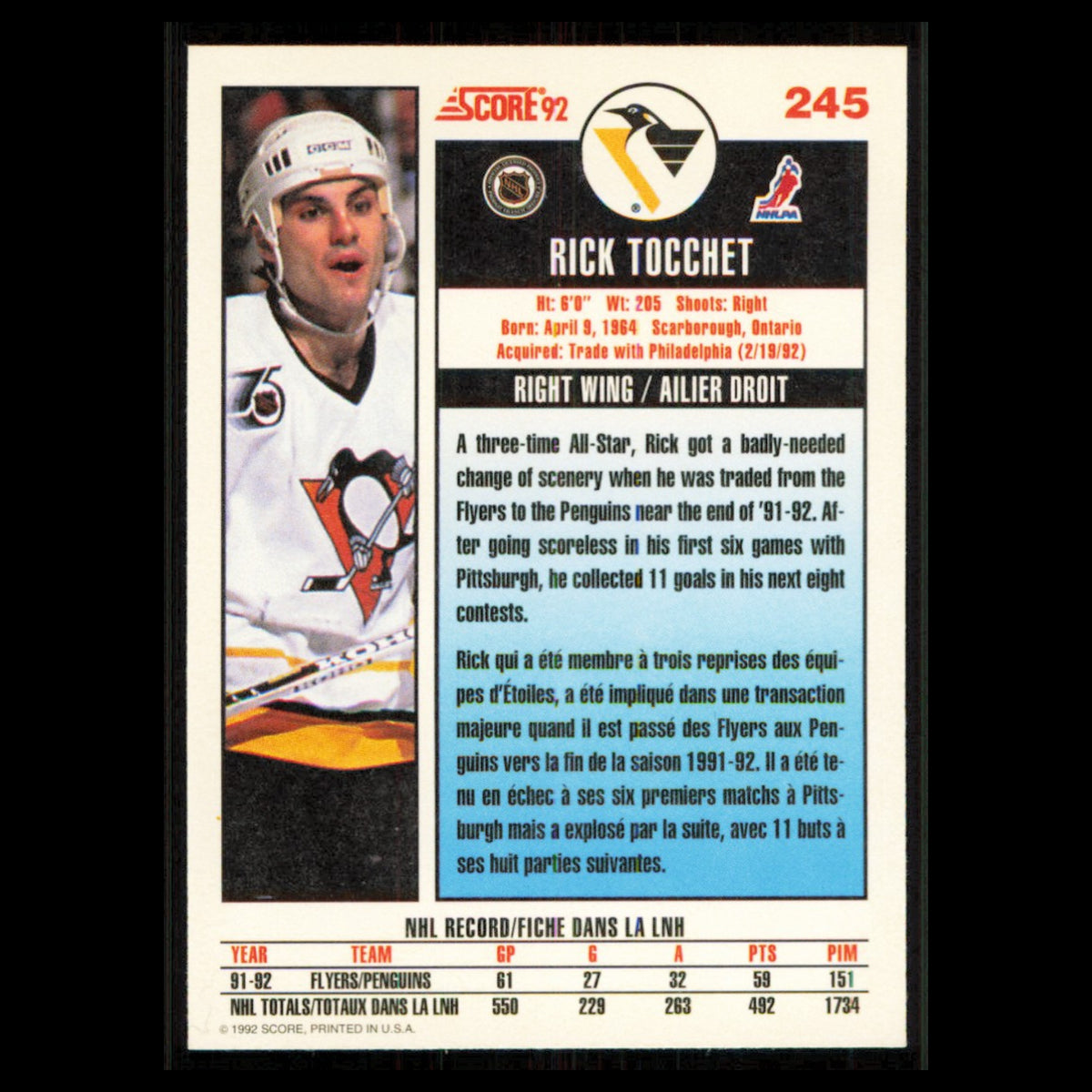Rick Tocchet #245 1992 Score Canadian Pittsburgh Penguins Hockey Card NHL NM