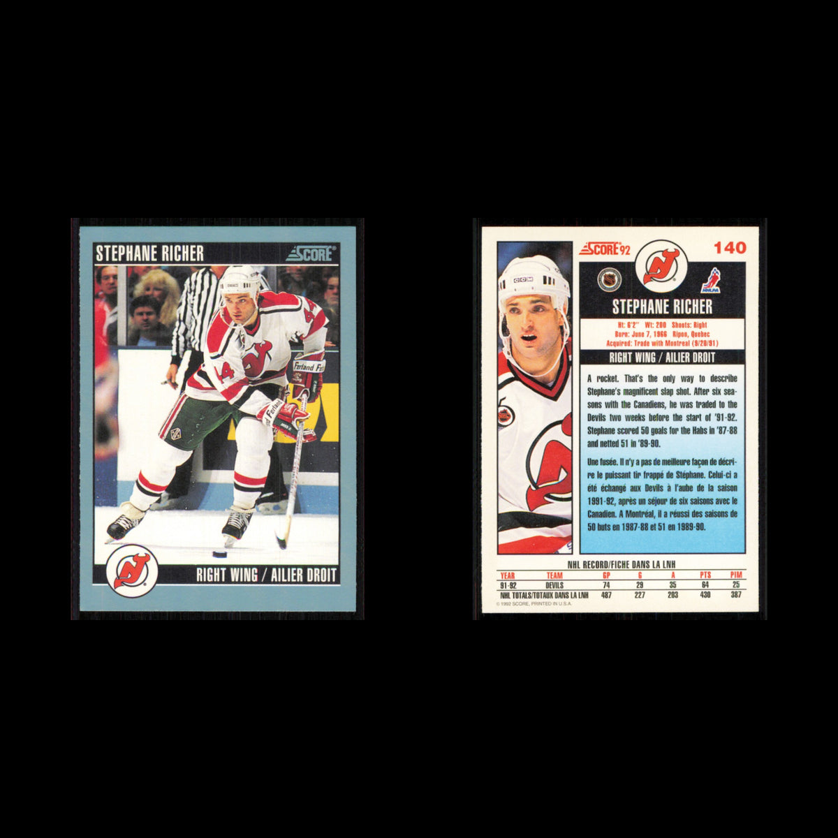 Stephane Richer #140 1992 Score Canadian New Jersey Devils Hockey Card NHL NM
