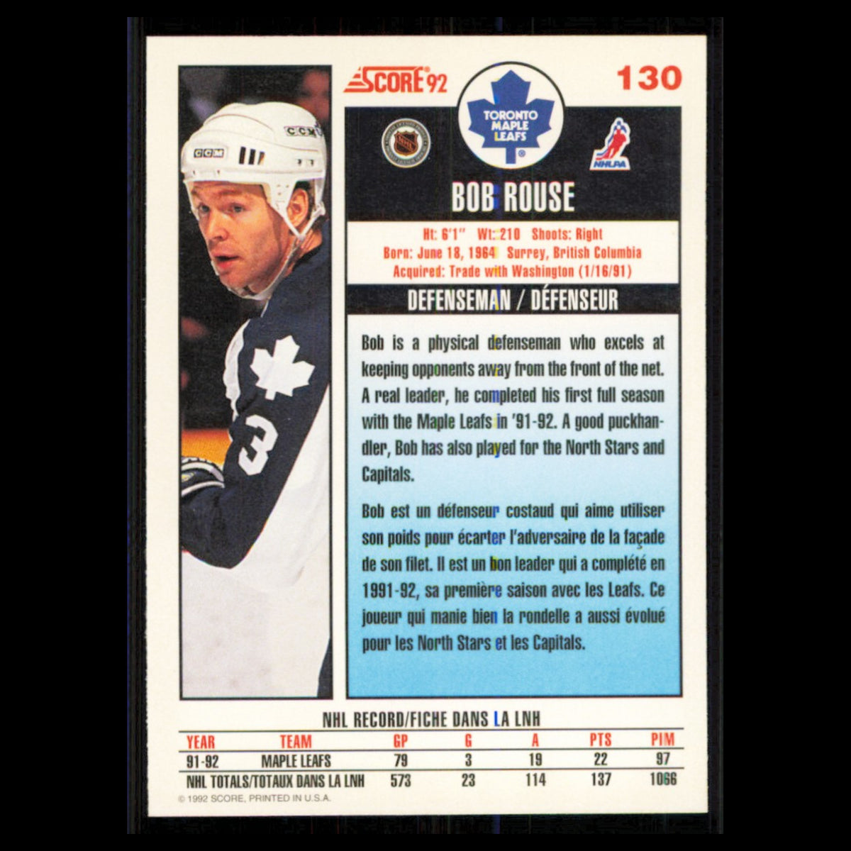 Bob Rouse #130 1992 Score Canadian Toronto Maple Leafs Hockey Card NHL NM