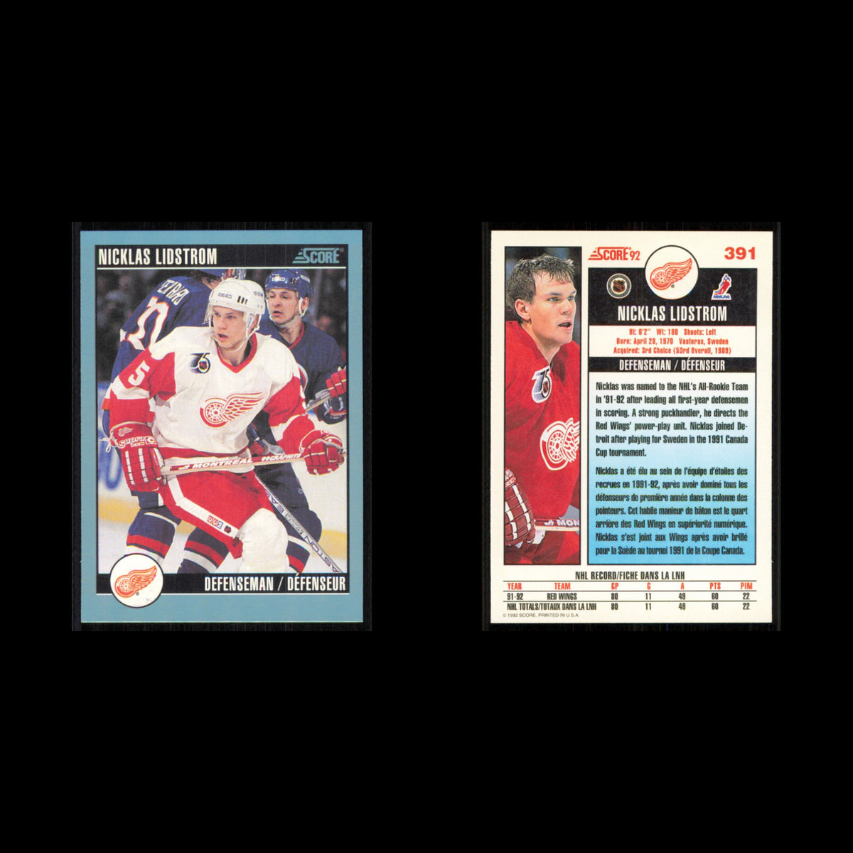 Nicklas Lidstrom #391 1992 Score Canadian Detroit Red Wings Hockey Card NHL NM