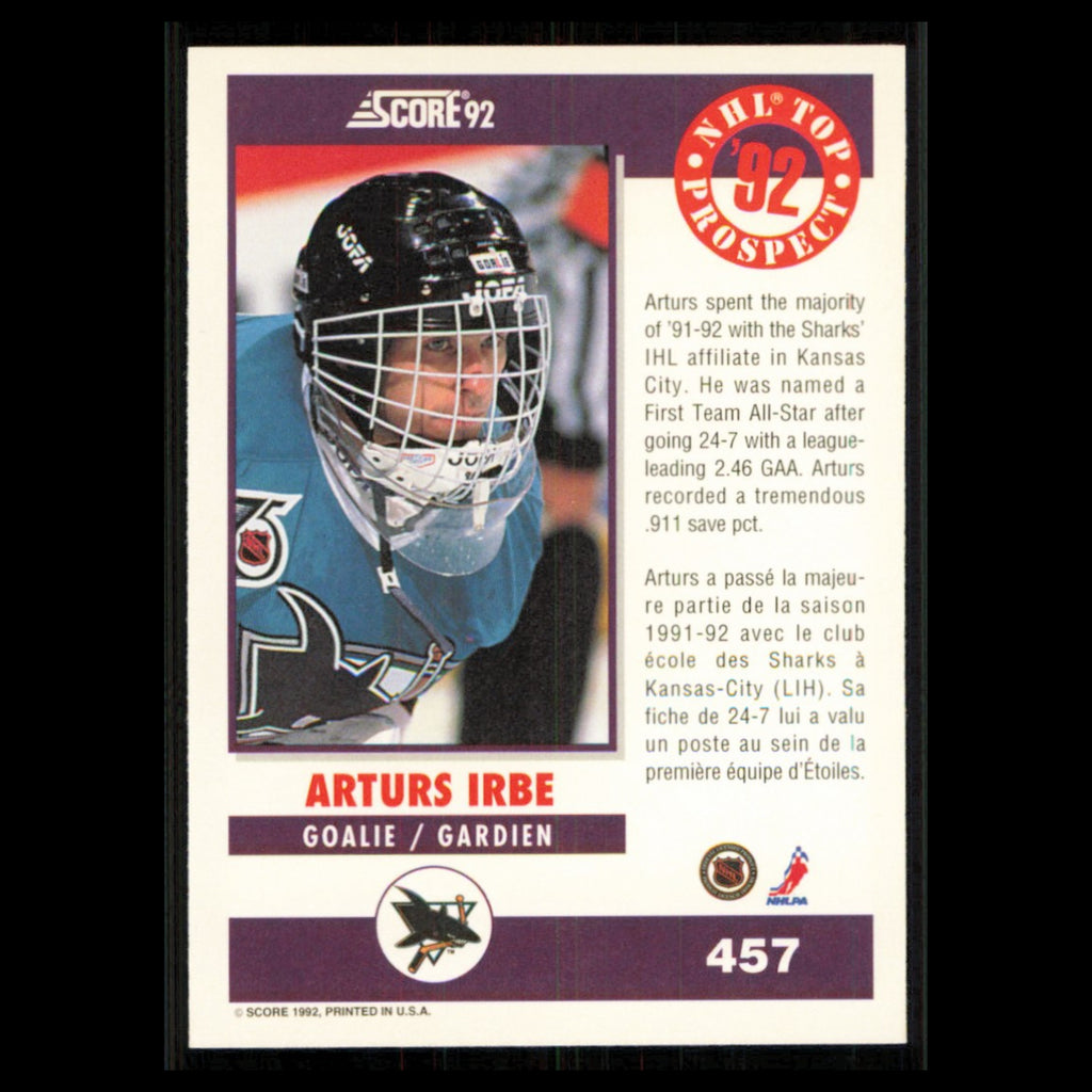 Arturs Irbe Rookie #457 1992 Score Canadian San Jose Sharks Hockey Card NHL NM
