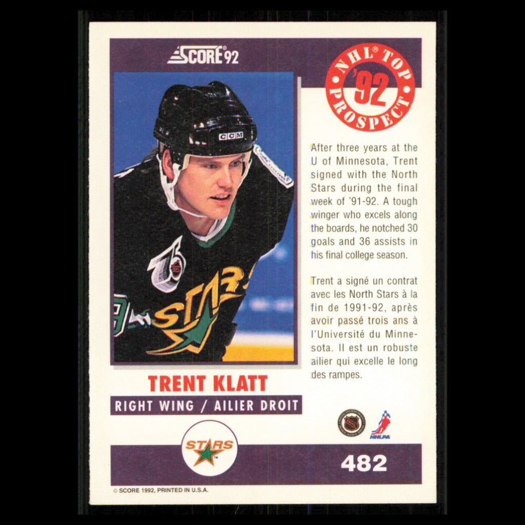 Trent Klatt Rookie #482 1992 Score Canadian Minnesota North Stars Hockey Card NM