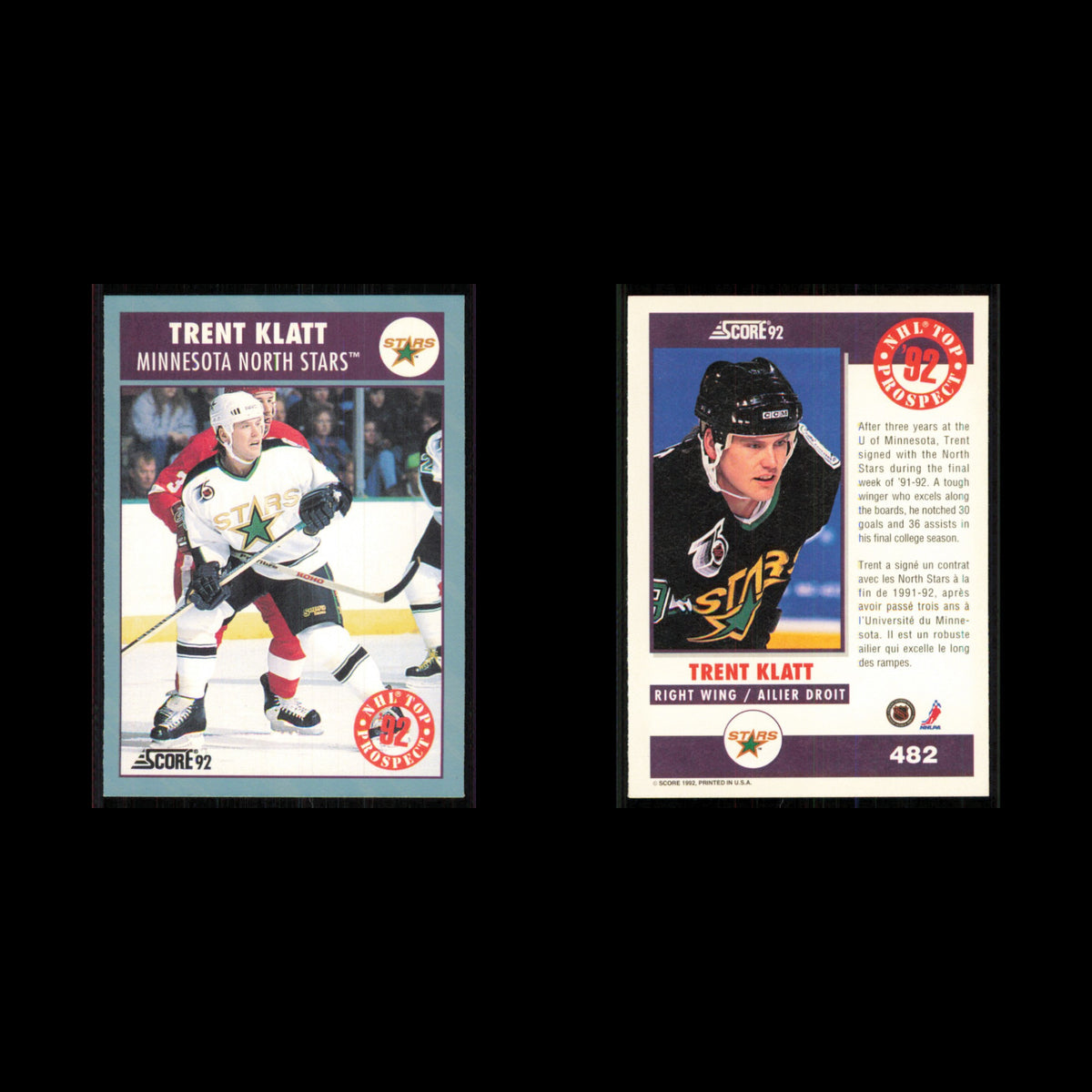 Trent Klatt Rookie #482 1992 Score Canadian Minnesota North Stars Hockey Card NM