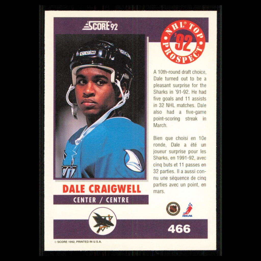 Dale Craigwell Rookie #466 1992 Score Canadian San Jose Sharks Hockey Card NHL