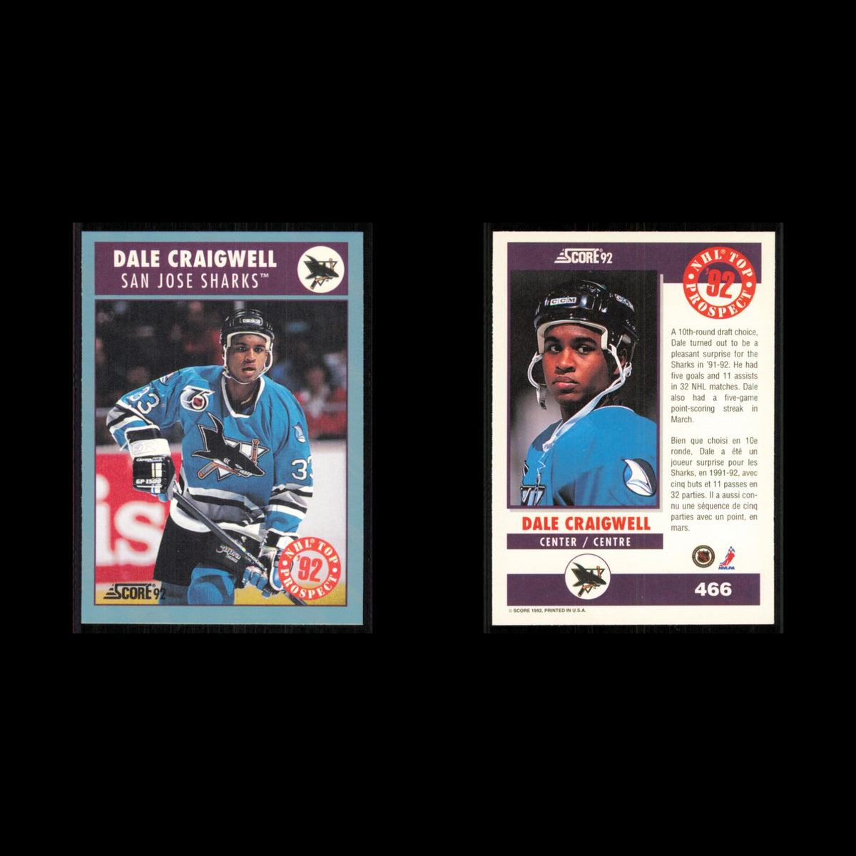 Dale Craigwell Rookie #466 1992 Score Canadian San Jose Sharks Hockey Card NHL