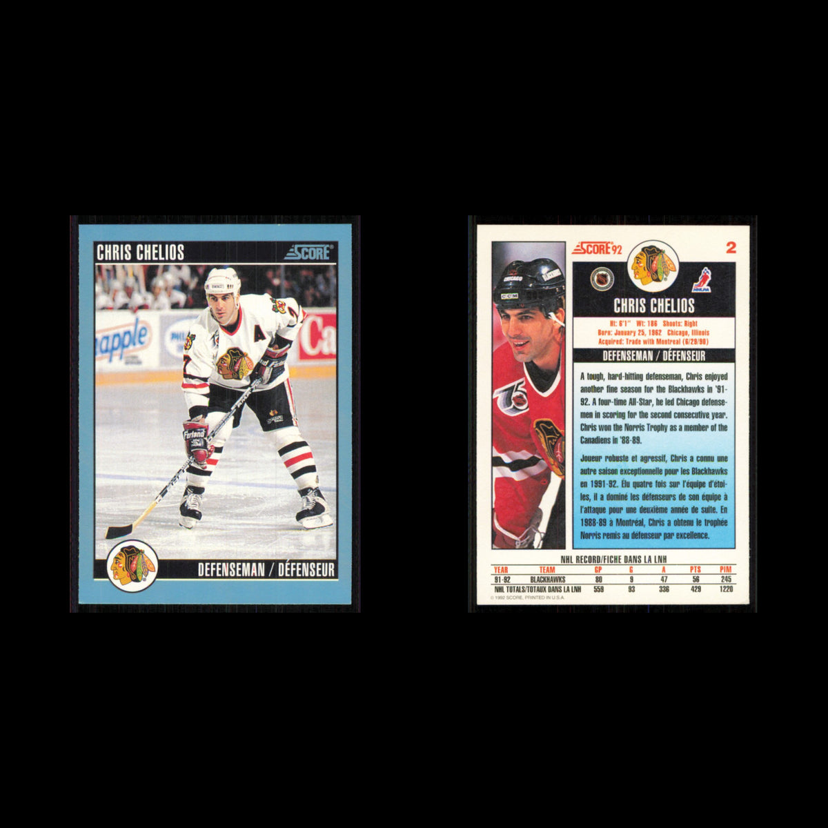 Chris Chelios #2 1992 Score Canadian Chicago Blackhawks Hockey Card NHL NM