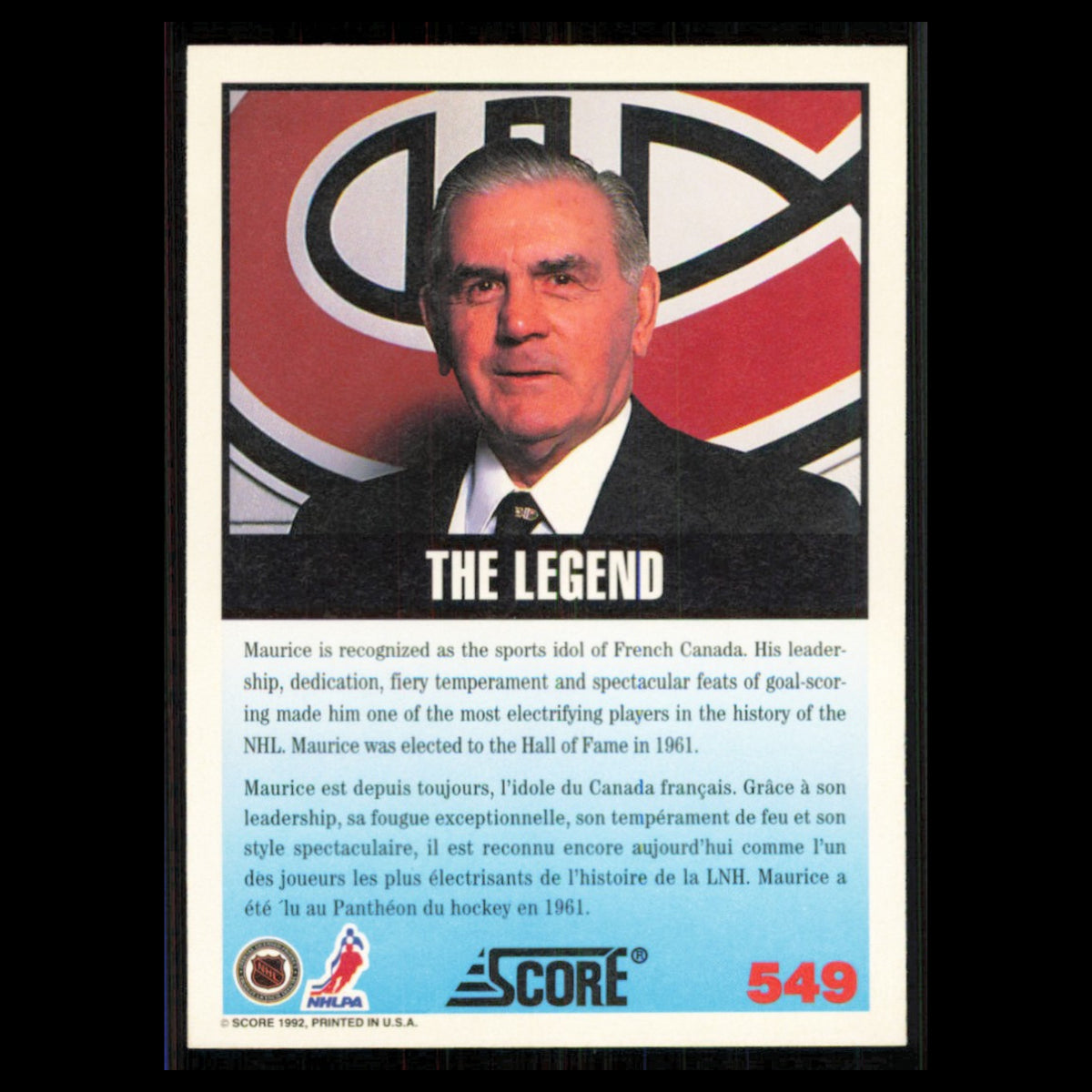 Maurice Richard #549 1992 Score Canadian Montreal Canadiens Hockey Card NHL NM