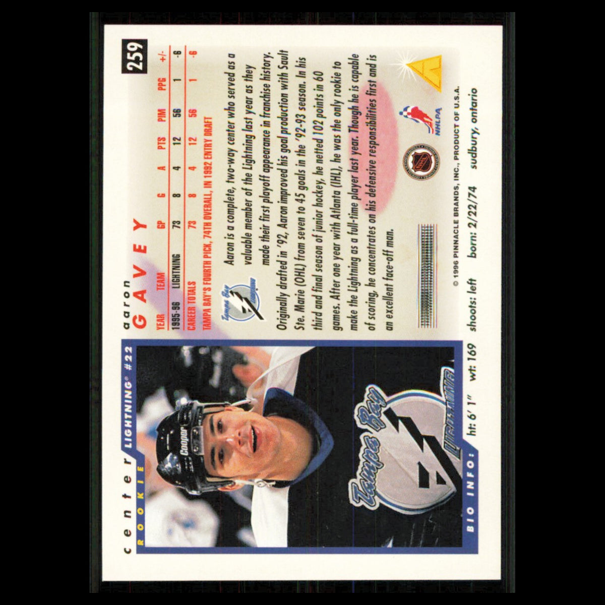 Aaron Gavey #259 1996 Score Tampa Bay Lightning Hockey Card NHL NM