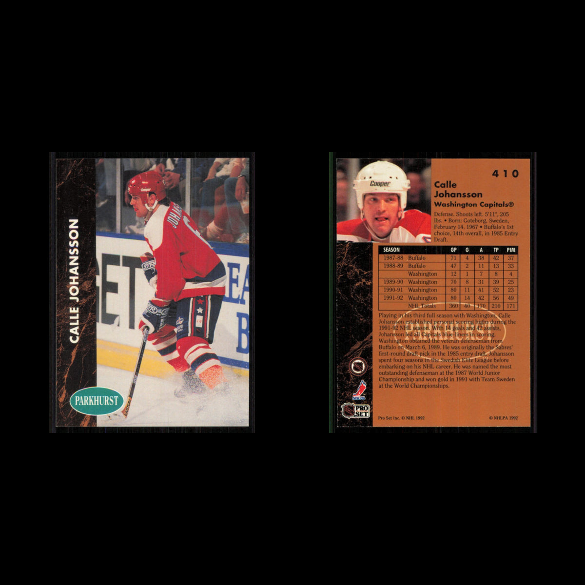 Calle Johansson #410 1991 Parkhurst Washington Capitals Hockey Card NHL NM