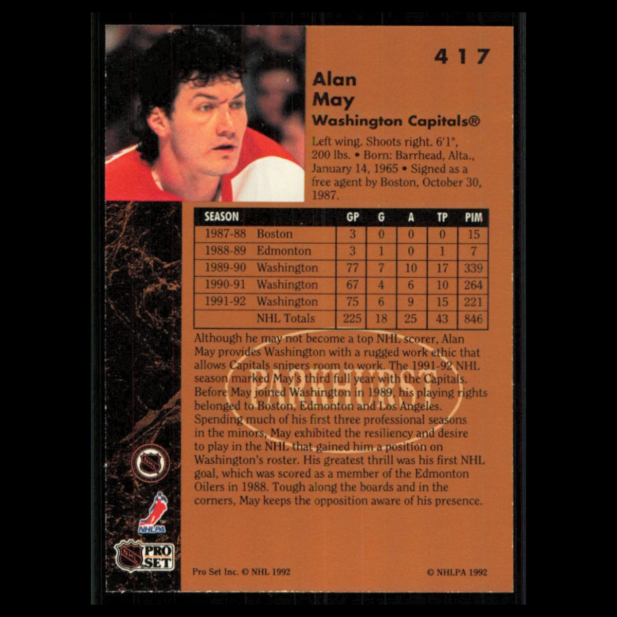 Alan May #417 1991 Parkhurst Washington Capitals Hockey Card NHL NM