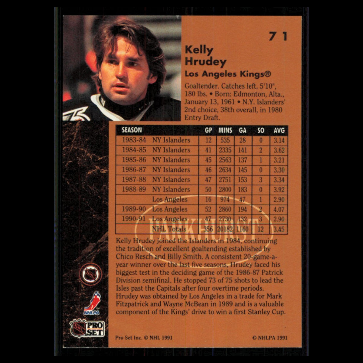 Kelly Hrudey #71 1991 Parkhurst Los Angeles Kings Hockey Card NHL NM