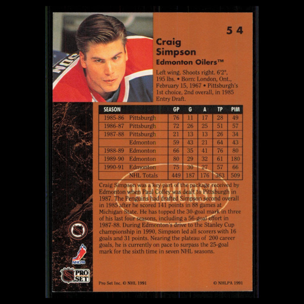 Craig Simpson #54 1991 Parkhurst Edmonton Oilers Hockey Card NHL NM