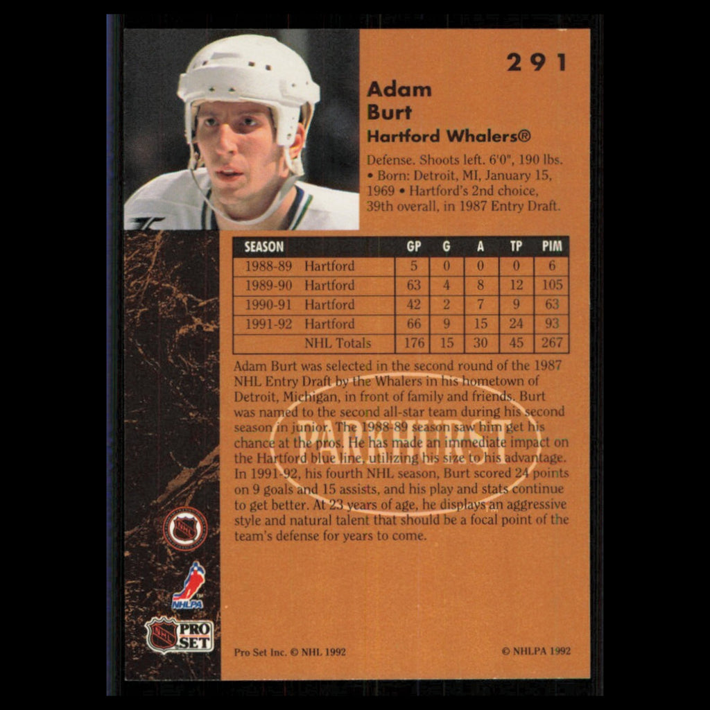 Adam Burt #291 1991 Parkhurst Hartford Whalers Hockey Card NHL NM