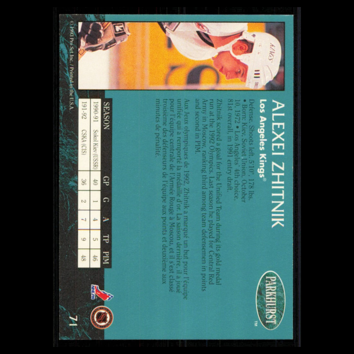 Alexei Zhitnik #71 1992 Parkhurst Los Angeles Kings Hockey Card NHL NM