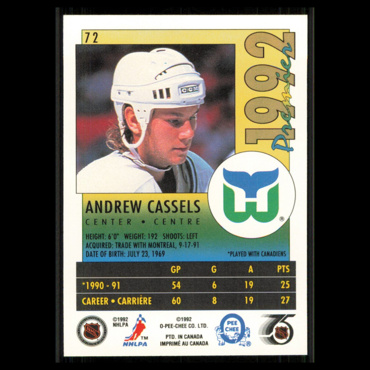 Andrew Cassels #72 1991 O-Pee-Chee Premier Hartford Whalers Hockey Card NHL NM