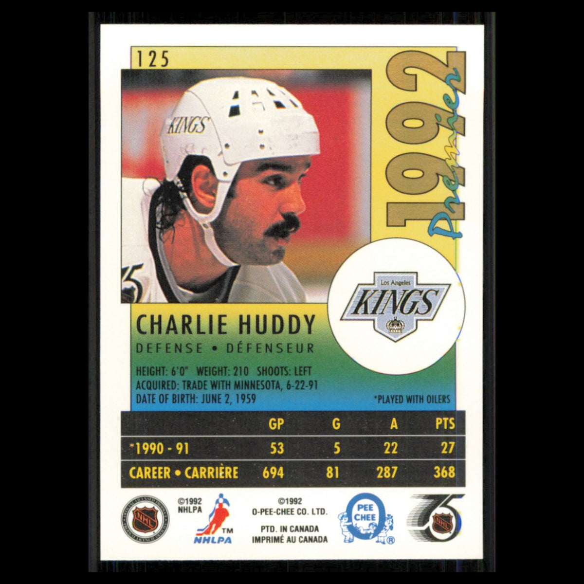 Charlie Huddy #125 1991 O-Pee-Chee Premier Los Angeles Kings Hockey Card NHL NM
