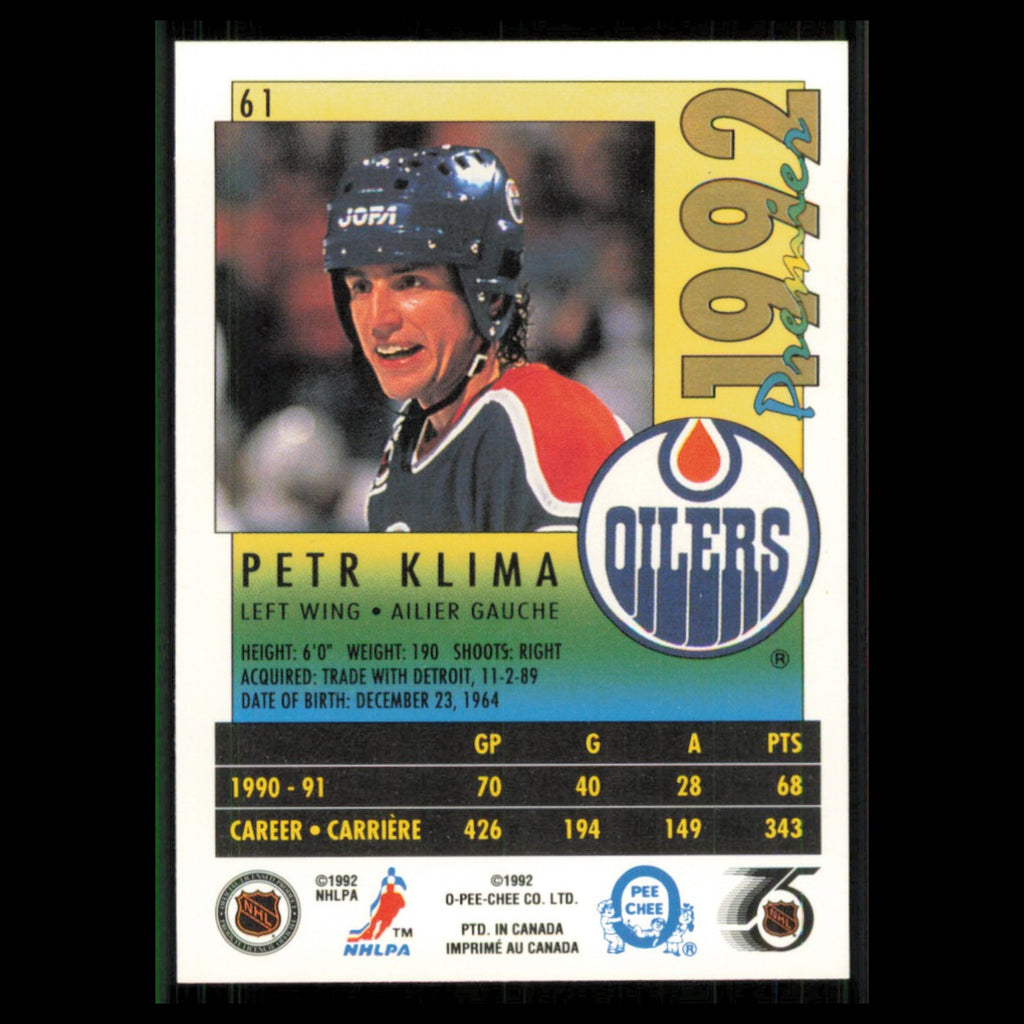 Petr Klima #61 1991 O-Pee-Chee Premier Edmonton Oilers Hockey Card NHL NM