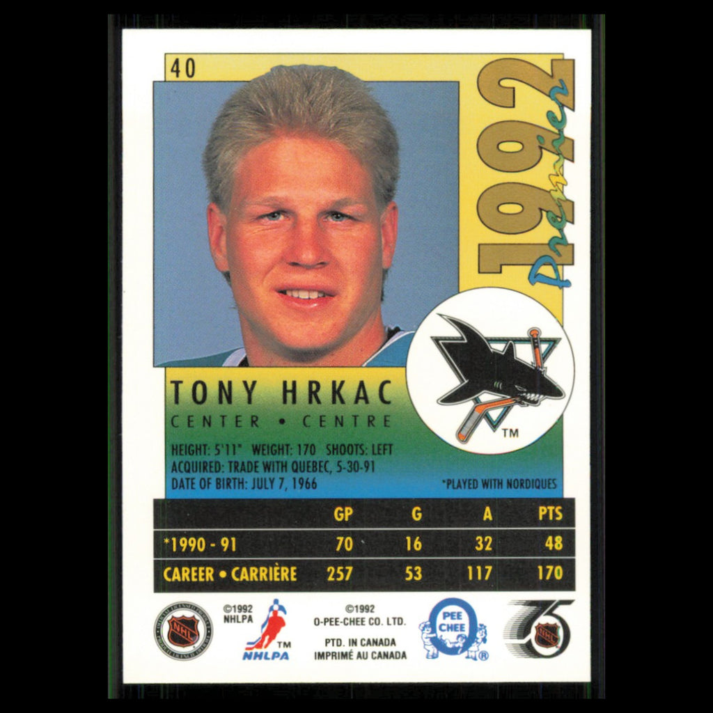 Tony Hrkac #40 1991 O-Pee-Chee Premier San Jose Sharks Hockey Card NHL NM