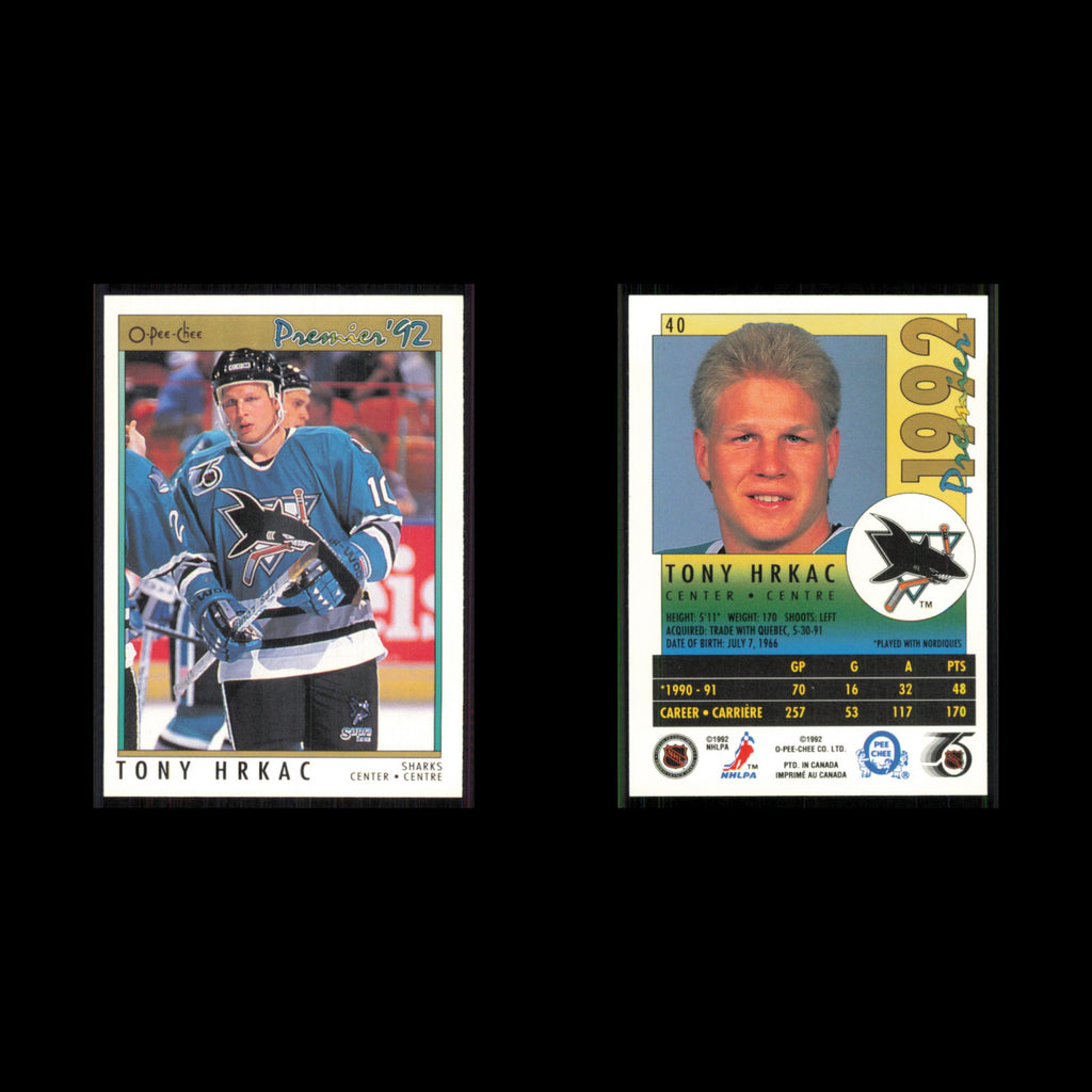 Tony Hrkac #40 1991 O-Pee-Chee Premier San Jose Sharks Hockey Card NHL NM