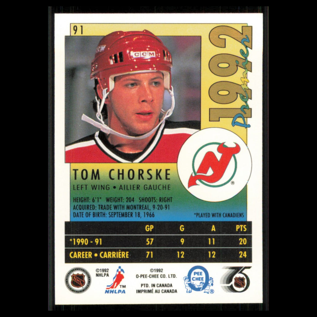 Tom Chorske #91 1991 O-Pee-Chee Premier New Jersey Devils Hockey Card NHL NM