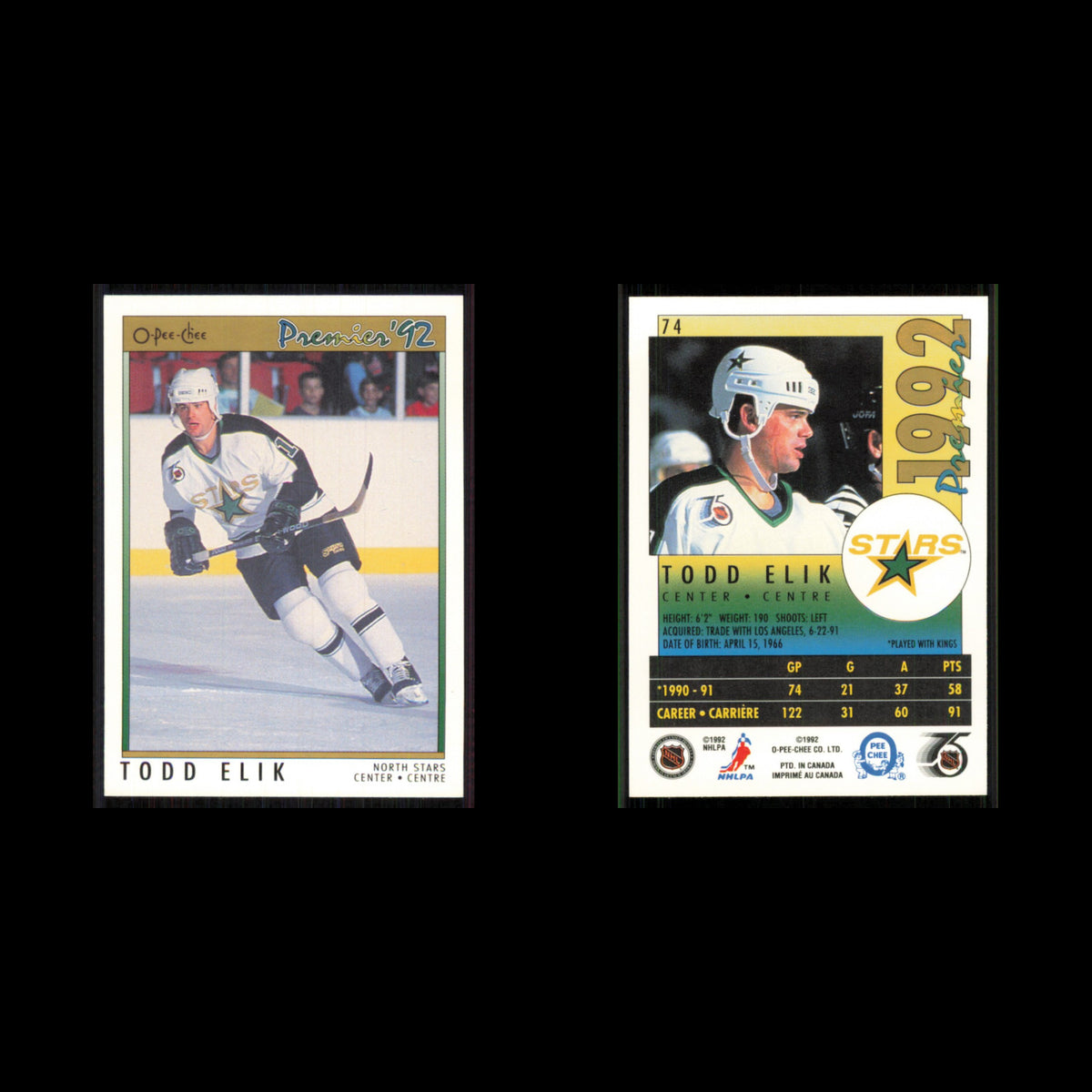 Todd Elik #74 1991 O-Pee-Chee Premier Minnesota North Stars Hockey Card NHL NM