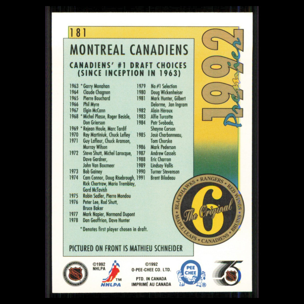 Mathieu Schneider #181 1991 O-Pee-Chee Premier Montreal Canadiens Hockey Card NM