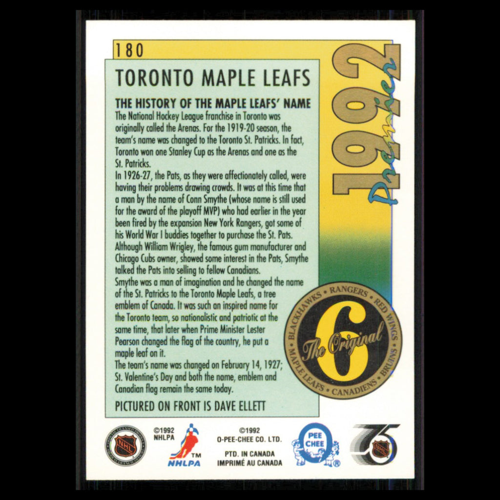 Dave Ellett #180 1991 O-Pee-Chee Premier Toronto Maple Leafs Hockey Card NHL NM