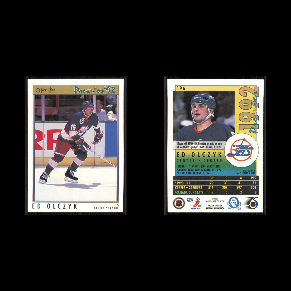 Ed Olczyk #196 1991 O-Pee-Chee Premier Winnipeg Jets Hockey Card NHL NM