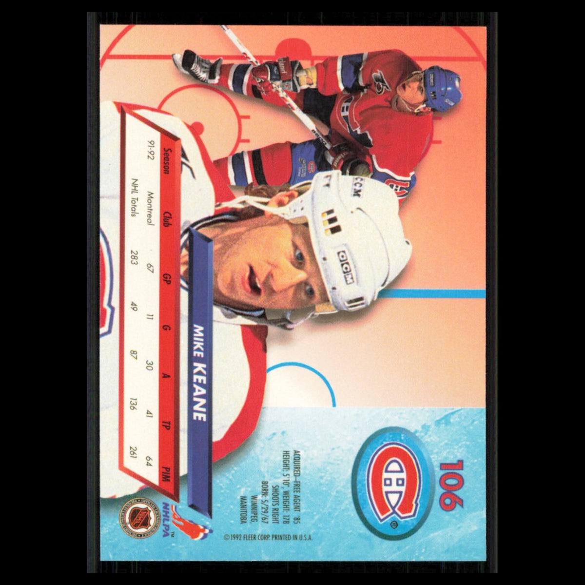 Mike Keane #106 1992 Fleer Ultra Montreal Canadiens Hockey Card NHL NM