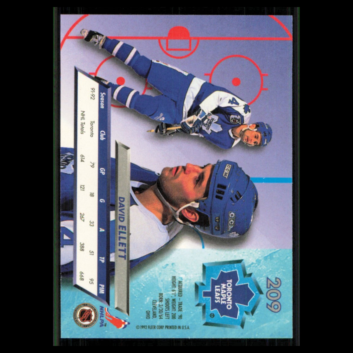 Dave Ellett #209 1992 Fleer Ultra Toronto Maple Leafs Hockey Card NHL NM