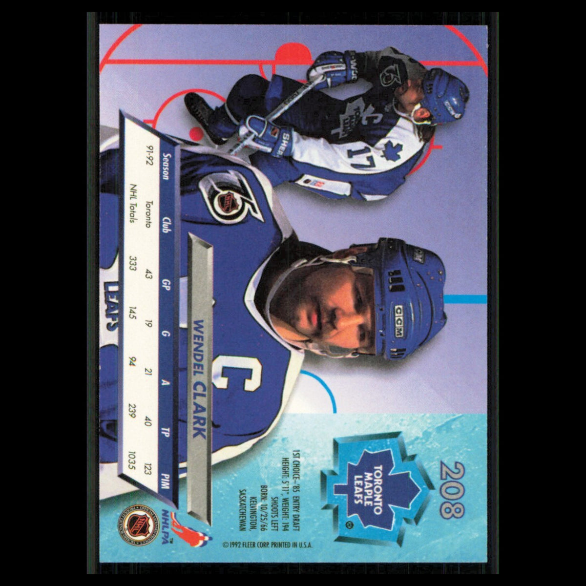 Wendel Clark #208 1992 Fleer Ultra Toronto Maple Leafs Hockey Card NHL NM