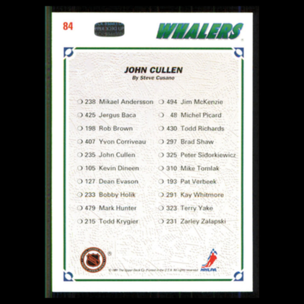 John Cullen #84 1991 Upper Deck Hartford Whalers Hockey Card NHL NM
