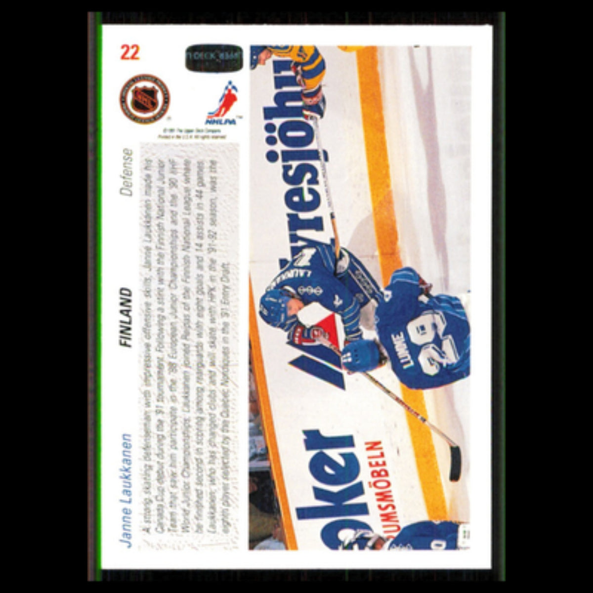Janne Laukkanen Rookie #22 1991 Upper Deck Finland Hockey Card NHL NM