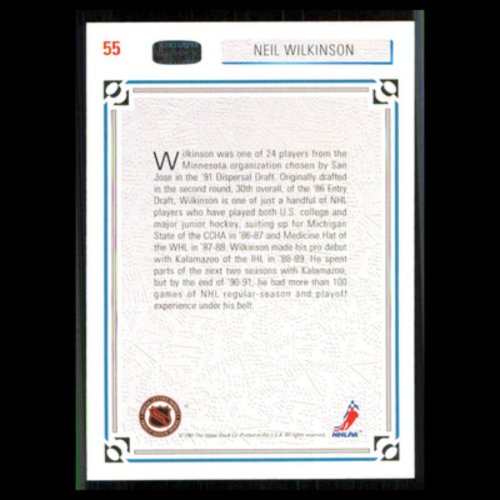 Neil Wilkinson #55 1991 Upper Deck San Jose Sharks Hockey Card NHL NM