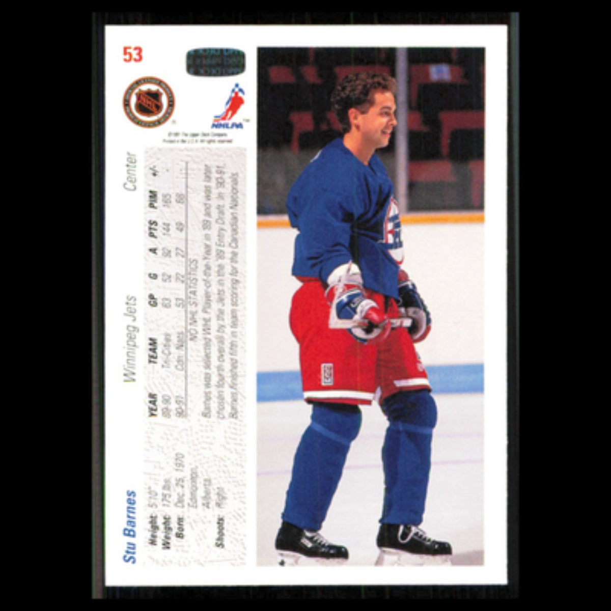 Stu Barnes #53 1991 Upper Deck Winnipeg Jets Hockey Card NHL NM