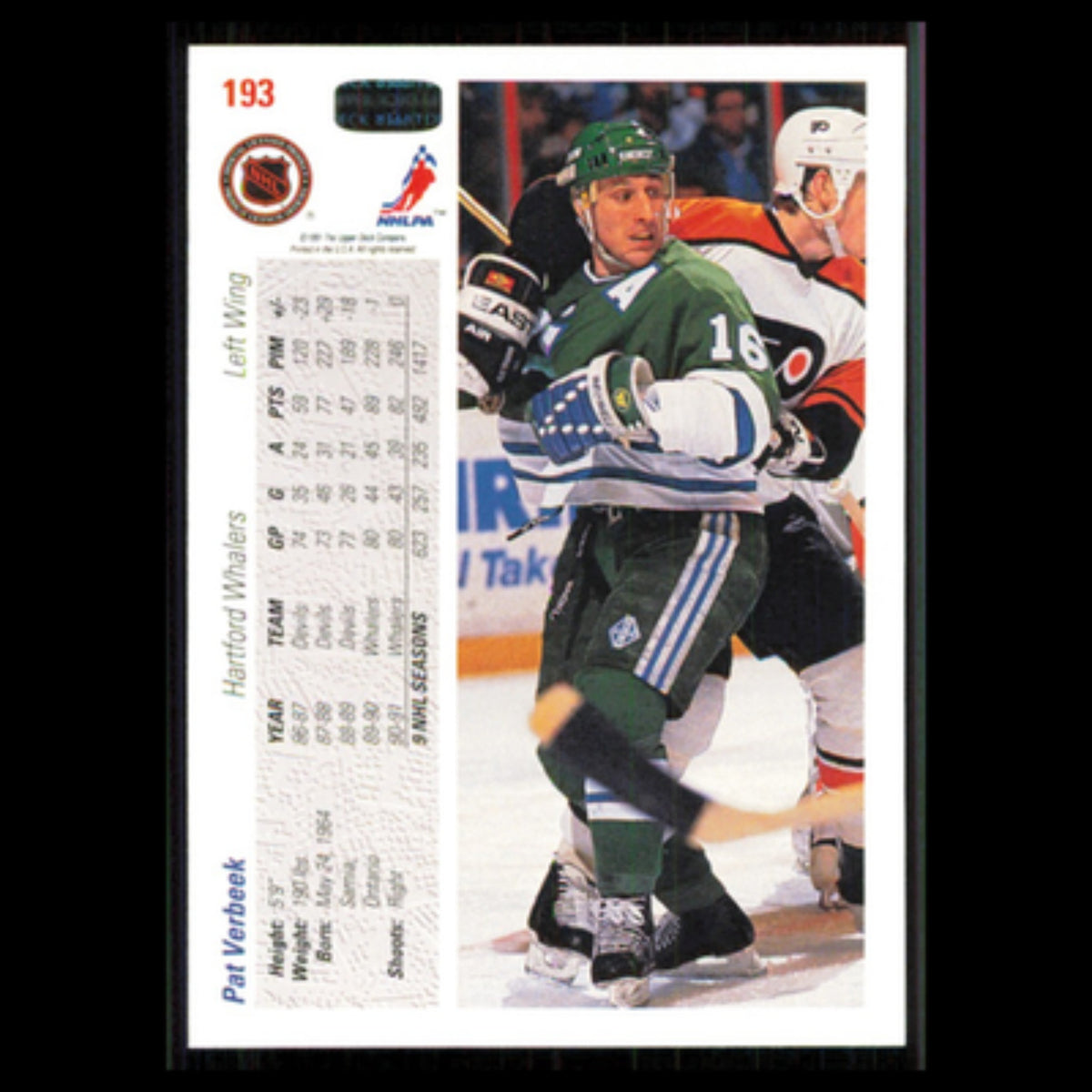 Pat Verbeek #193 1991 Upper Deck Hartford Whalers Hockey Card NHL NM