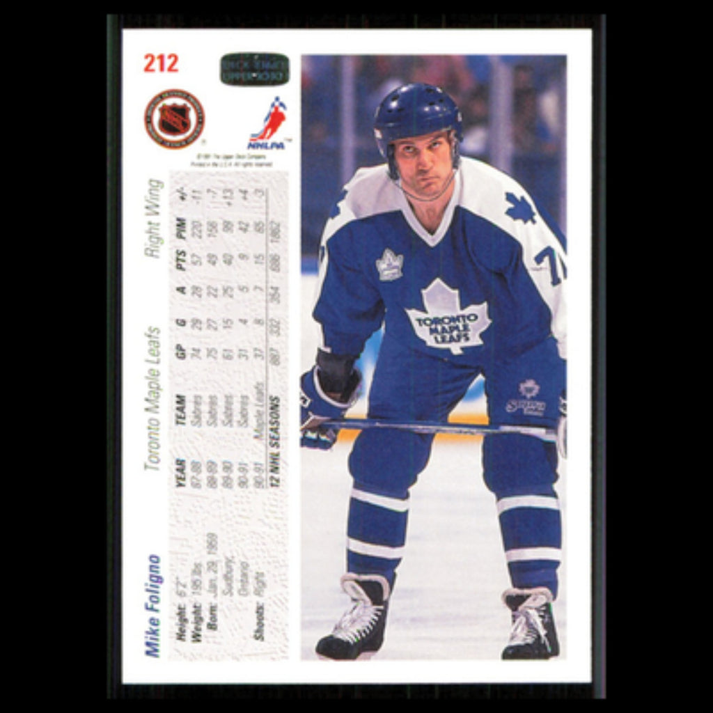 Mike Foligno #212 1991 Upper Deck Toronto Maple Leafs Hockey Card NHL NM