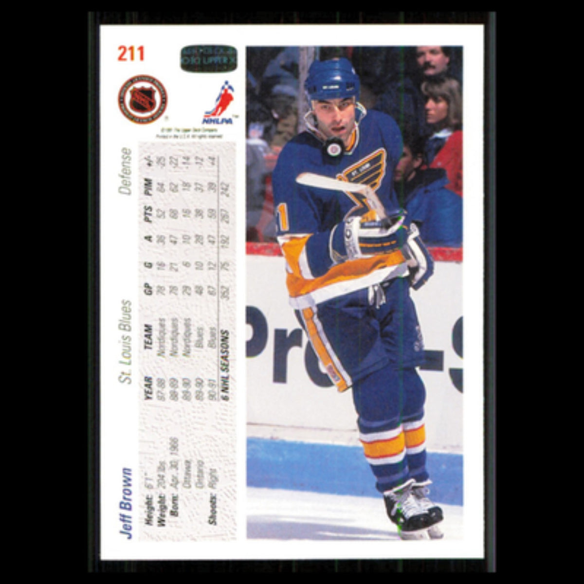Jeff Brown #211 1991 Upper Deck St. Louis Blues Hockey Card NHL NM