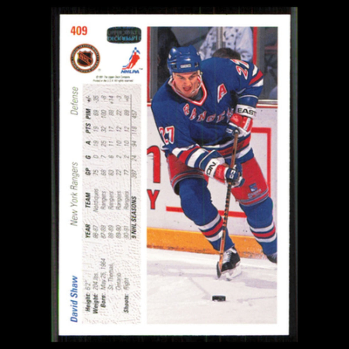 David Shaw #409 1991 Upper Deck New York Rangers Hockey Card NHL NM
