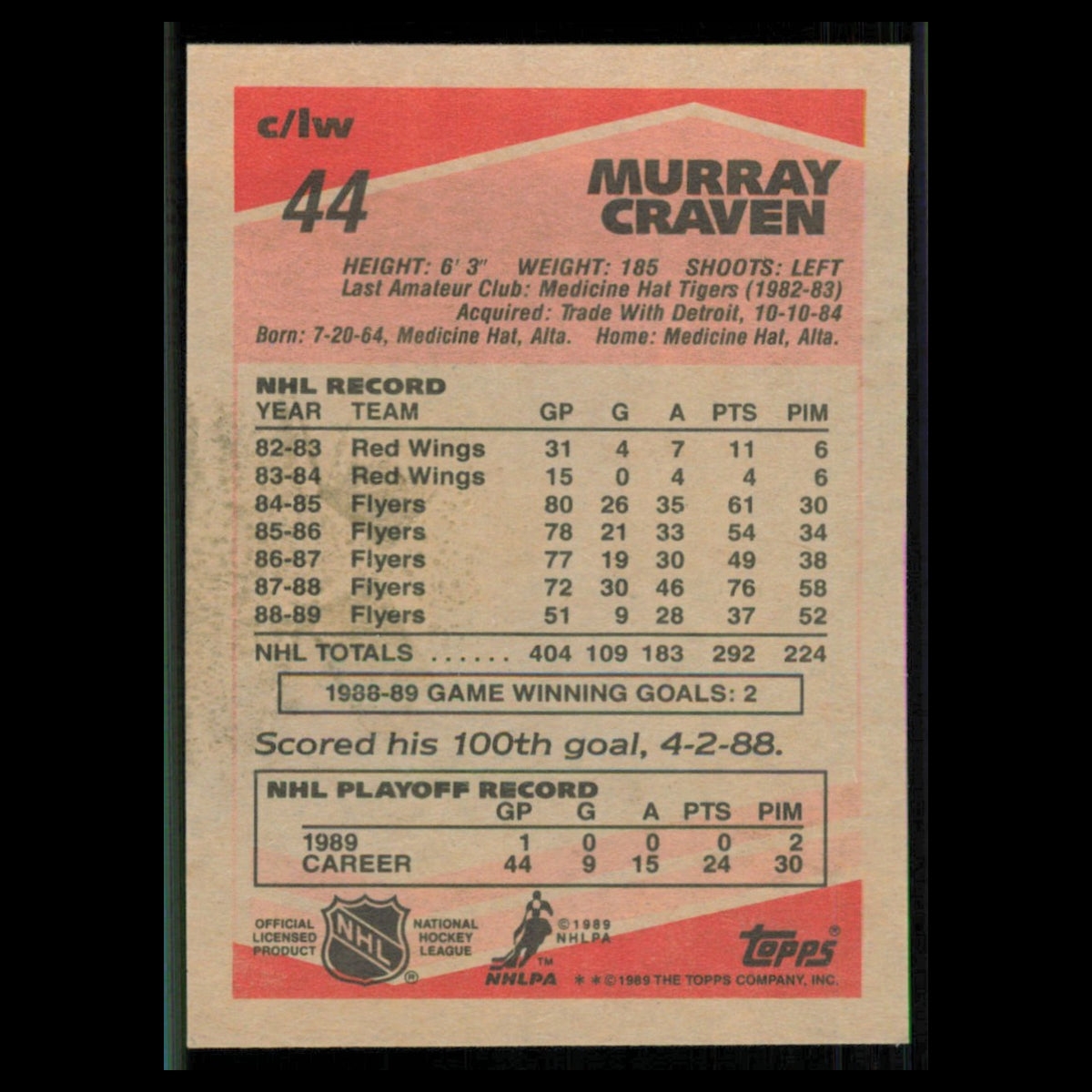 Murray Craven #44 1989 Topps Philadelphia Flyers Hockey Card NHL NM