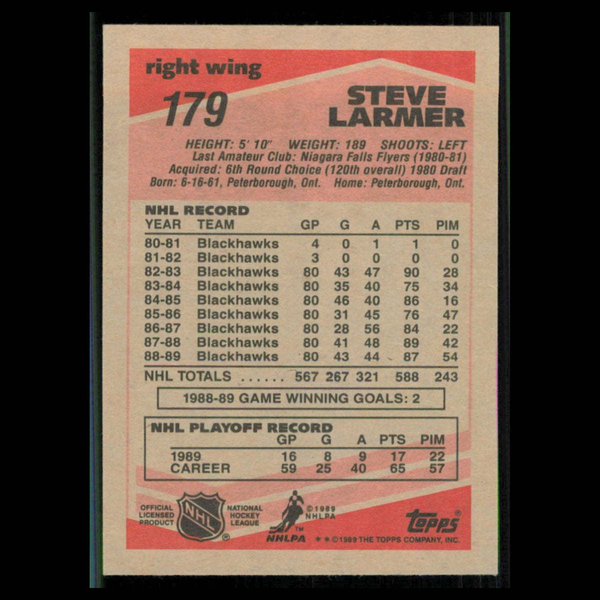 Steve Larmer #179 1989 Topps Chicago Blackhawks Hockey Card NHL NM