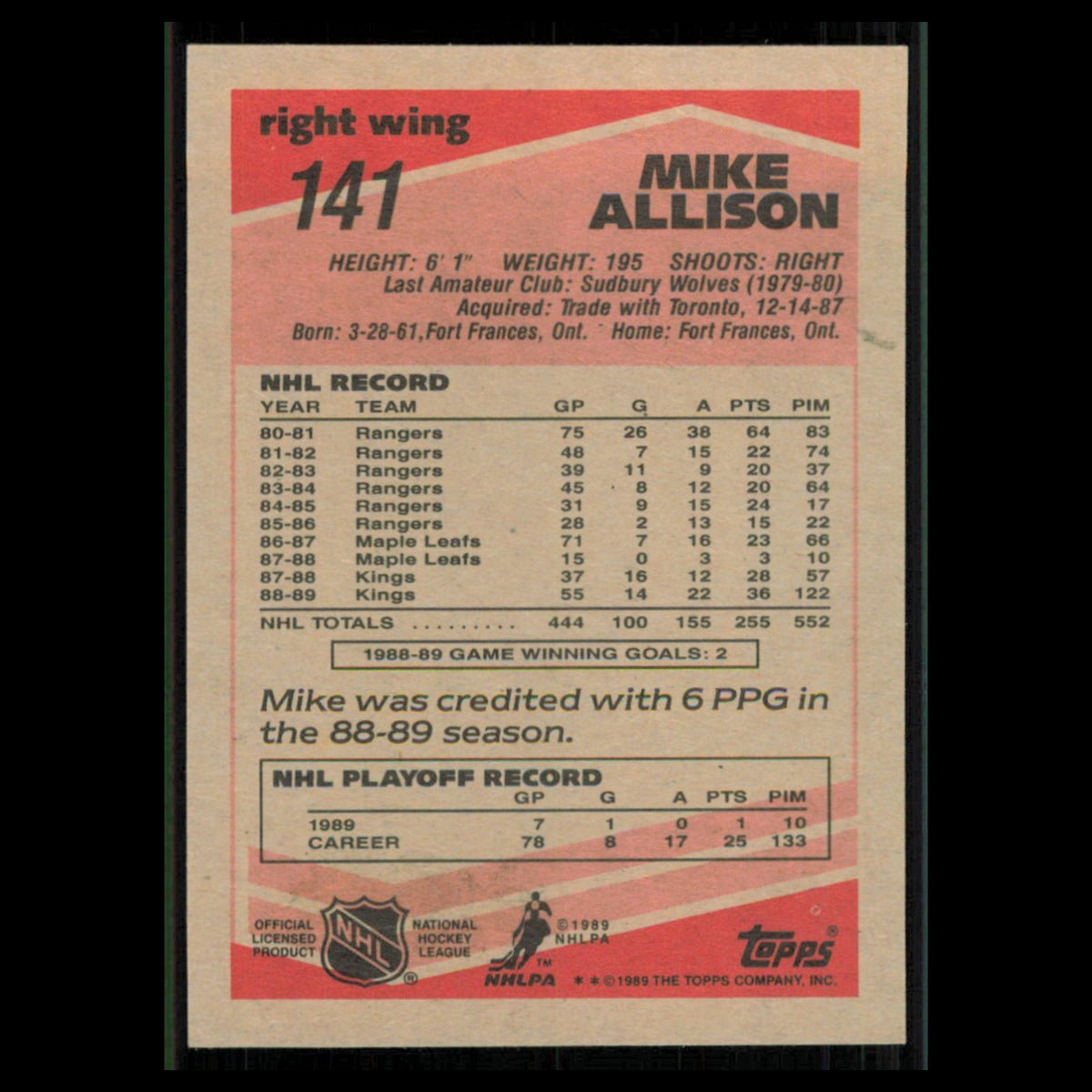 Mike Allison #141 1989 Topps Los Angeles Kings Hockey Card NHL NM