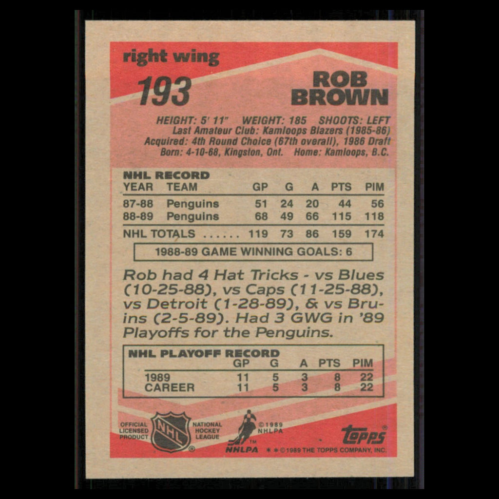 Rob Brown #193 1989 Topps Pittsburgh Penguins Hockey Card NHL NM