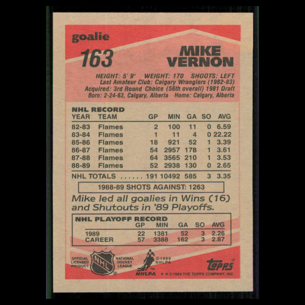 Mike Vernon #163 1989 Topps Calgary Flames Hockey Card NHL NM