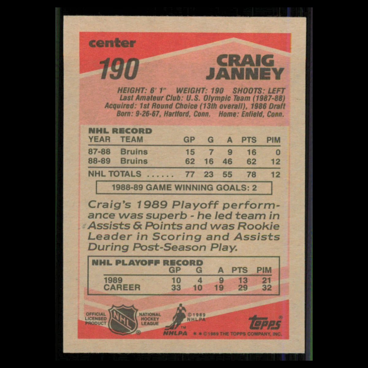 Craig Janney Rookie #190 1989 Topps Boston Bruins Hockey Card NHL NM